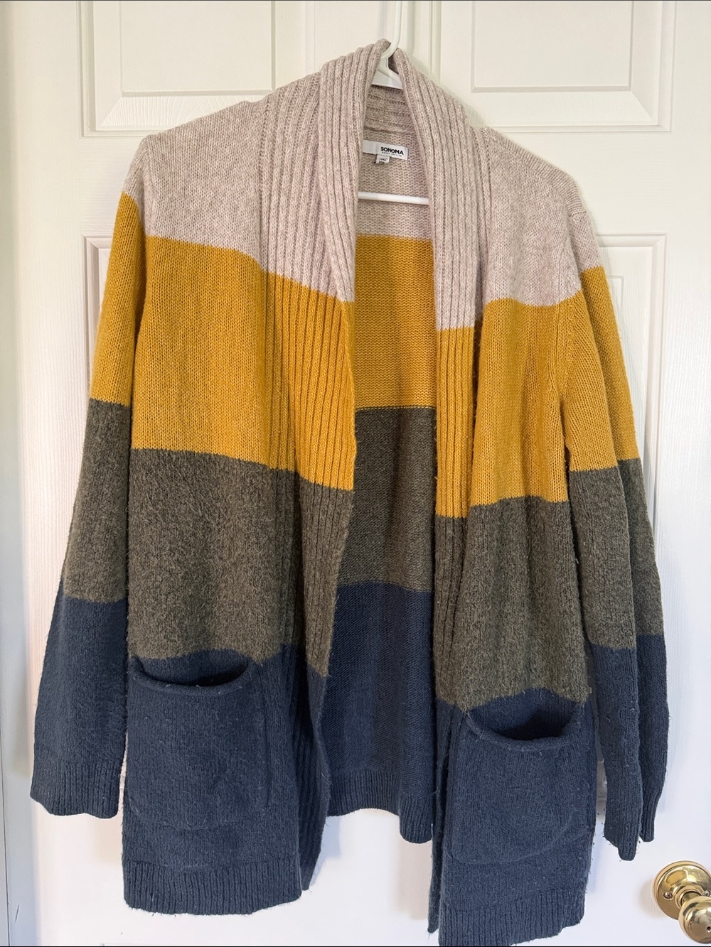 Sonoma Colorblock Open-Front Cardigan in Mustard, Gray, Navy, Cream